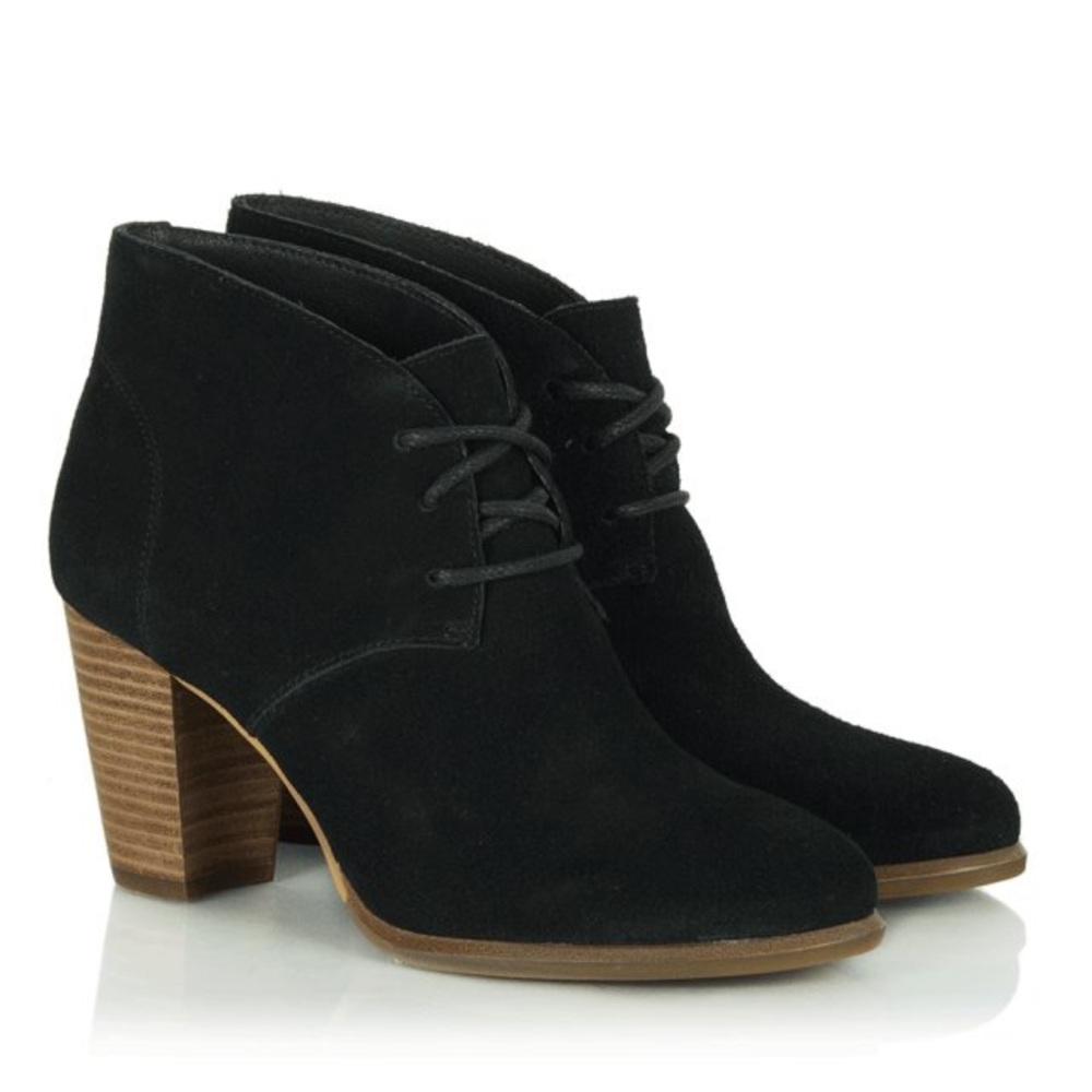 RESERVED - UGG Mackie Ankle Boots Black Suede with Brown 3” Heel Size 7